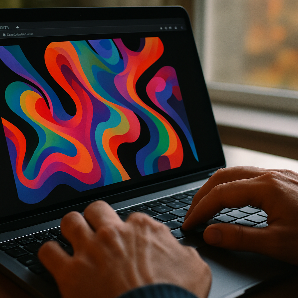 Close-up of hands at a laptop exploring visually striking art websites on screen